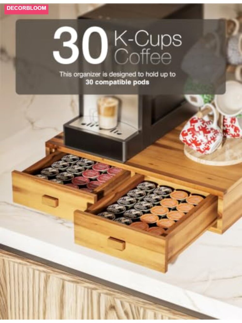Acacia Wood 30-Pod Coffee Pod Storage Box with Drawers for K-Cup - Picture 3 of 6